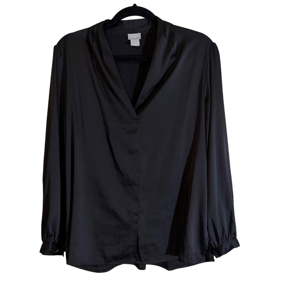 Chicos Blouse Womens M Black Satin Look V-Neck Long Sleeve‎ Pullover Career Top